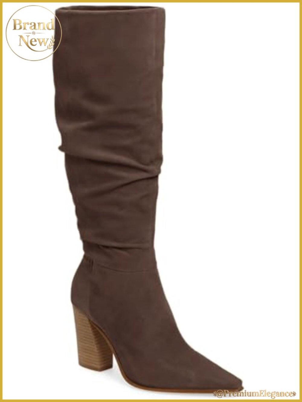 Faux Suede Knee High Boots Pointed Toe Chunky Heel Side Zipper Dress Boots